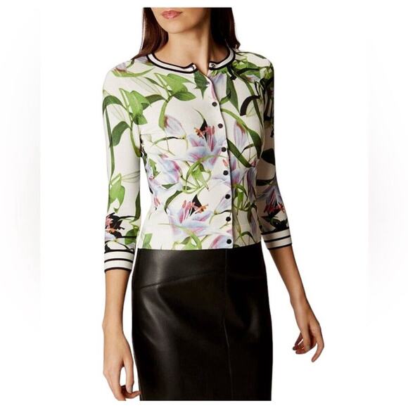 Stunning KAREN MILLEN Floral Lily Sporty Soft Button Front Cardigan US L - Picture 3 of 13
